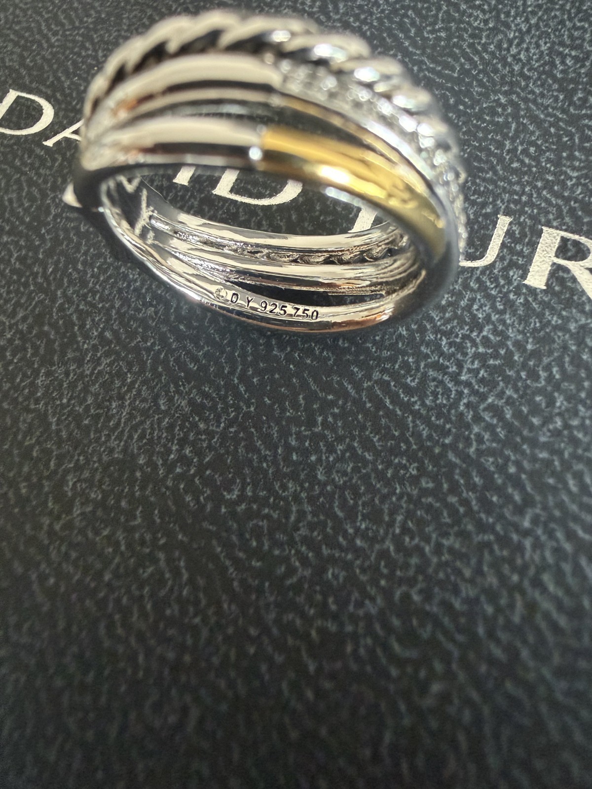 David Yurman 7mm Crossover Three Row Ring Silver with 18K Gold W/Diamonds Size 7