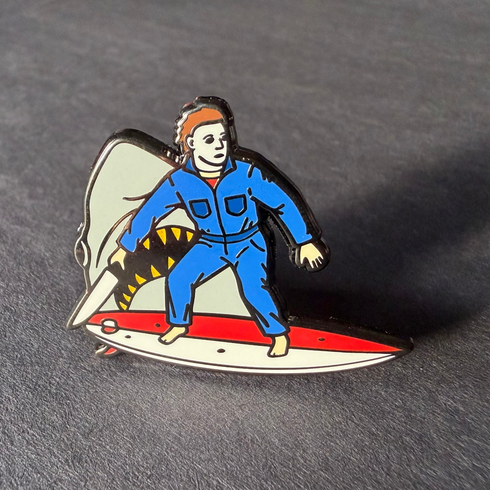 Michael Myers Surfing Enamel Pin – Horror Beach JAWS Mashup