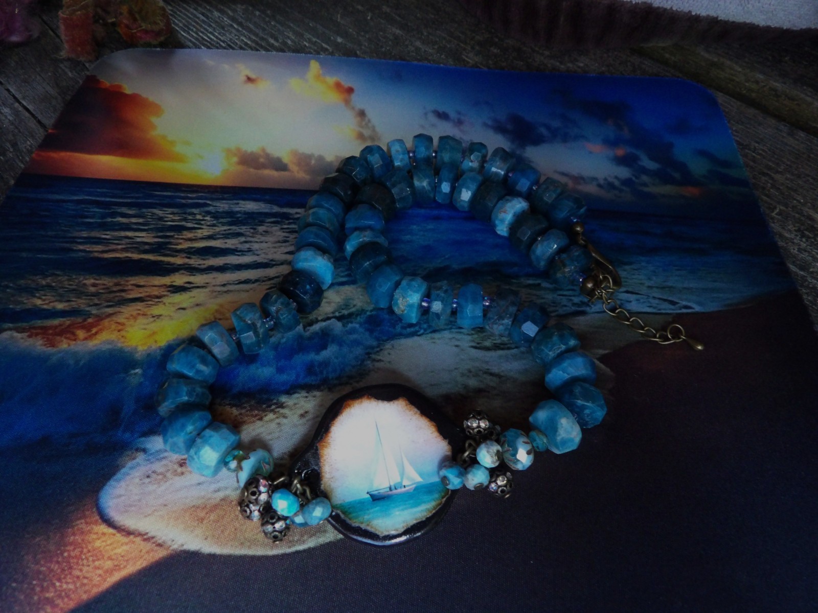 Necklace, Ocean, Apatite Beads, Sailboat, Beach, One of a Kind