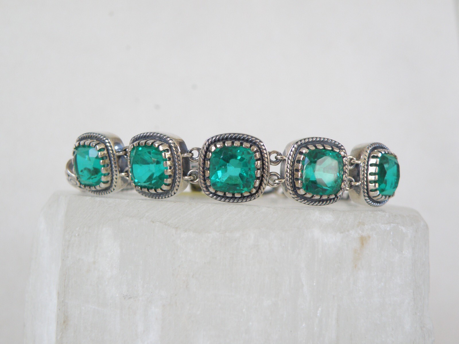 Sterling Silver 925 Green Fluorite Gemstone Tennis Station Bracelet