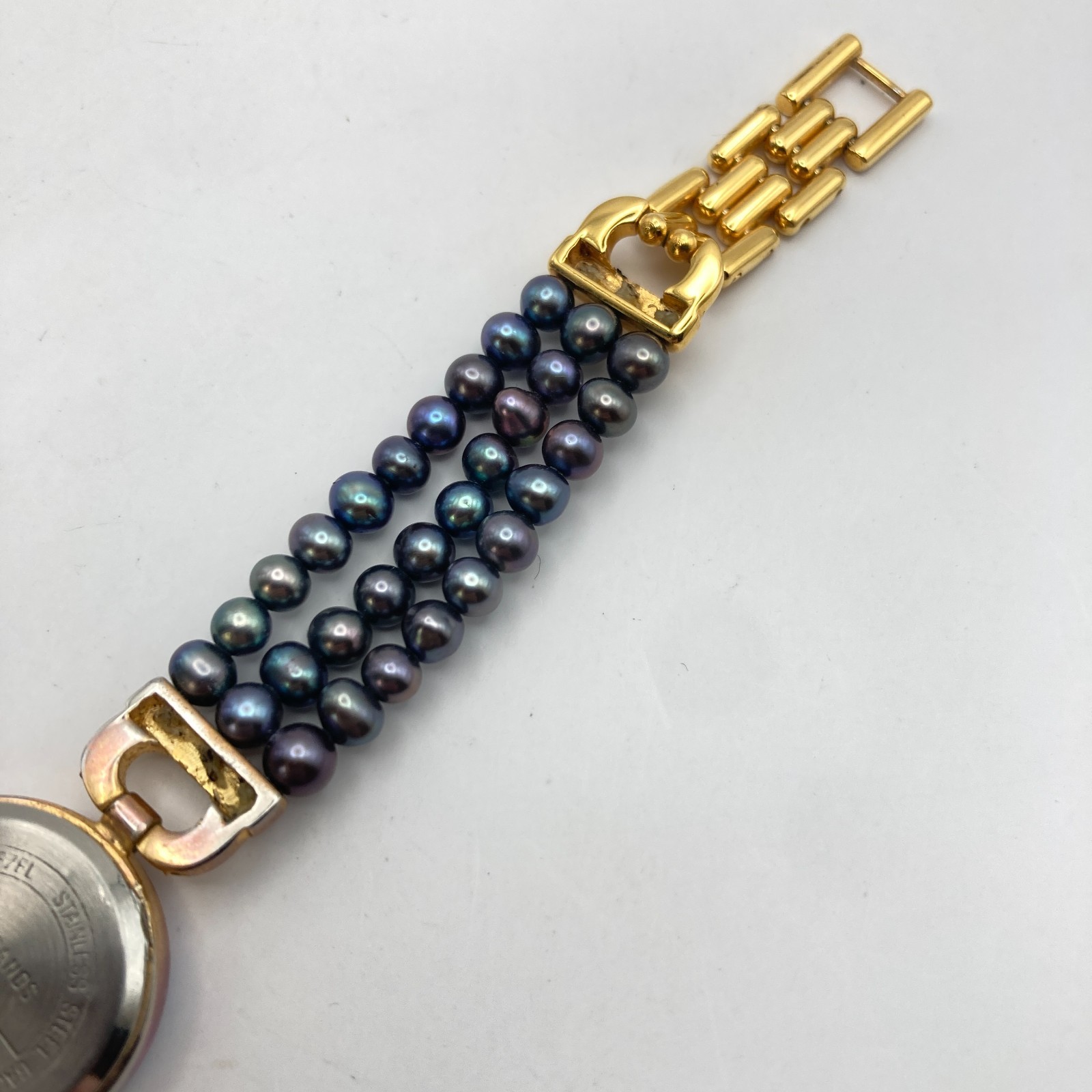 Lee Sands Women’s Watch 22mm Gold Tone MOP Iridescent Beads New Battery 7″
