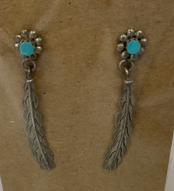 Used Silver Tone Feather Post Dangle With Faux Turquoise Stone Earrings