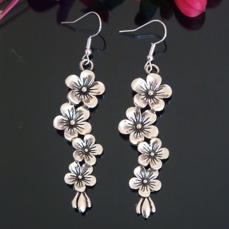 Flower Earrings Long Drop Ear hook with Blossom Design Friendship Jewelry Gift