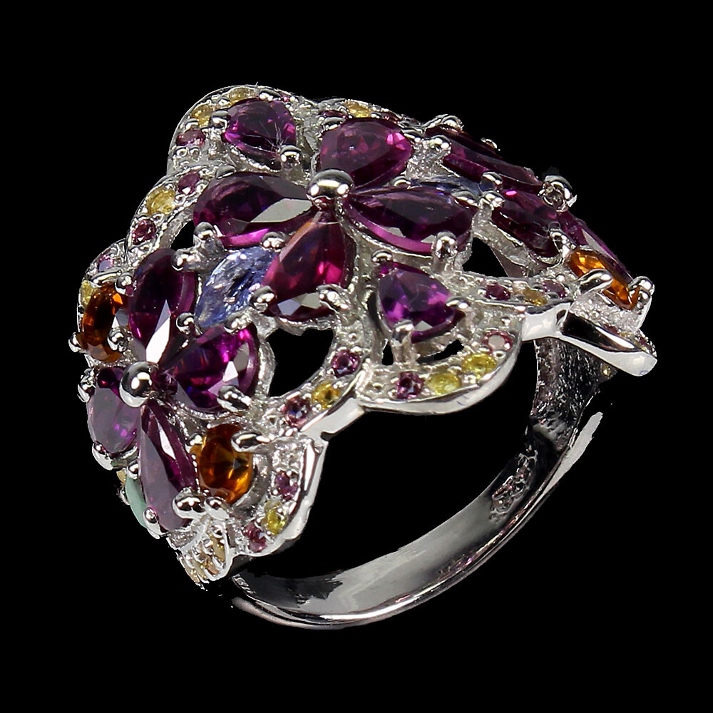 925 Sterling Silver Ring Pear Rhodolite Emerald Natural Gemstone Jewelry Size 9