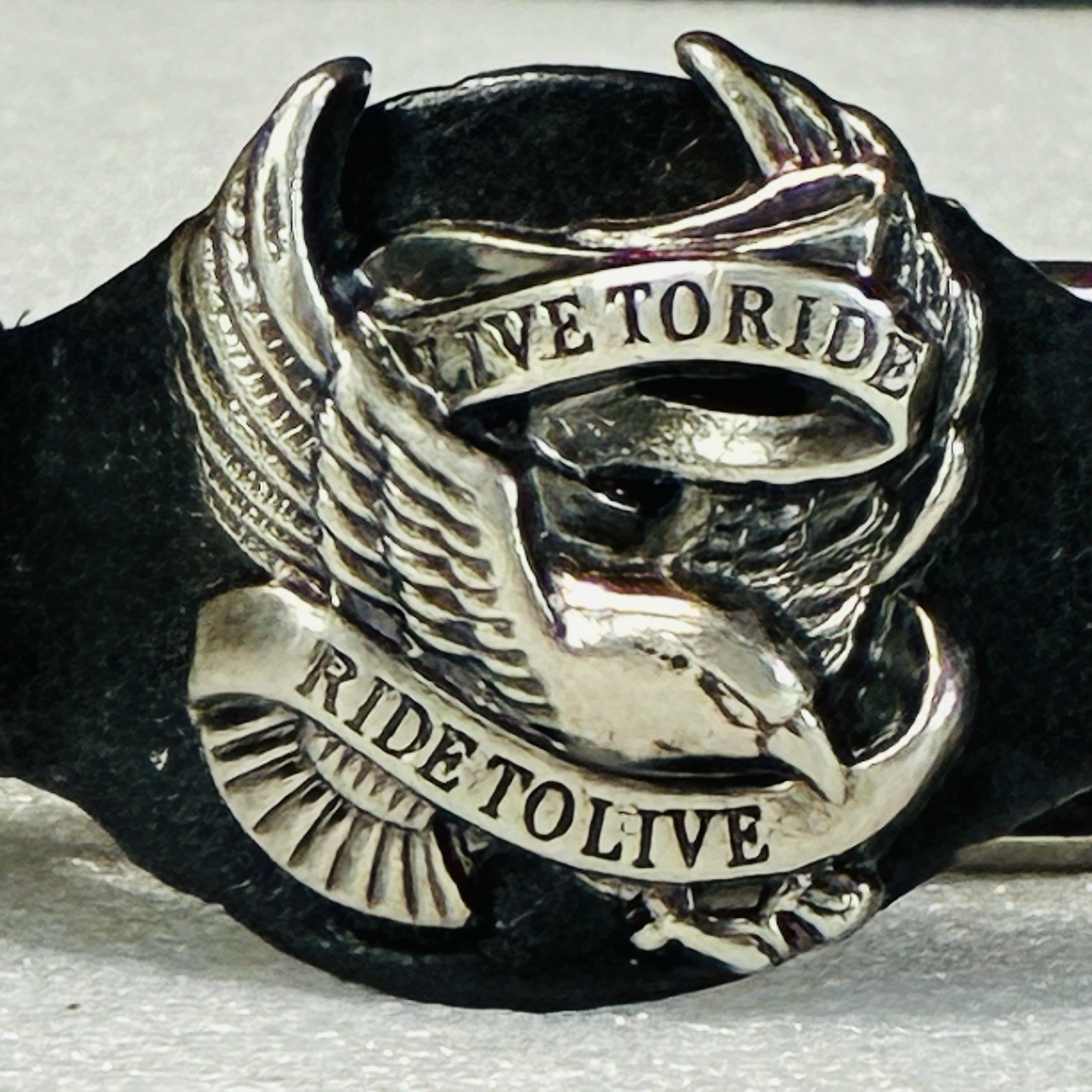 Genuine Leather Biker Bracelet LIVE TO RIDE RIDE TO LIVE 10”L Unisex Black Eagle