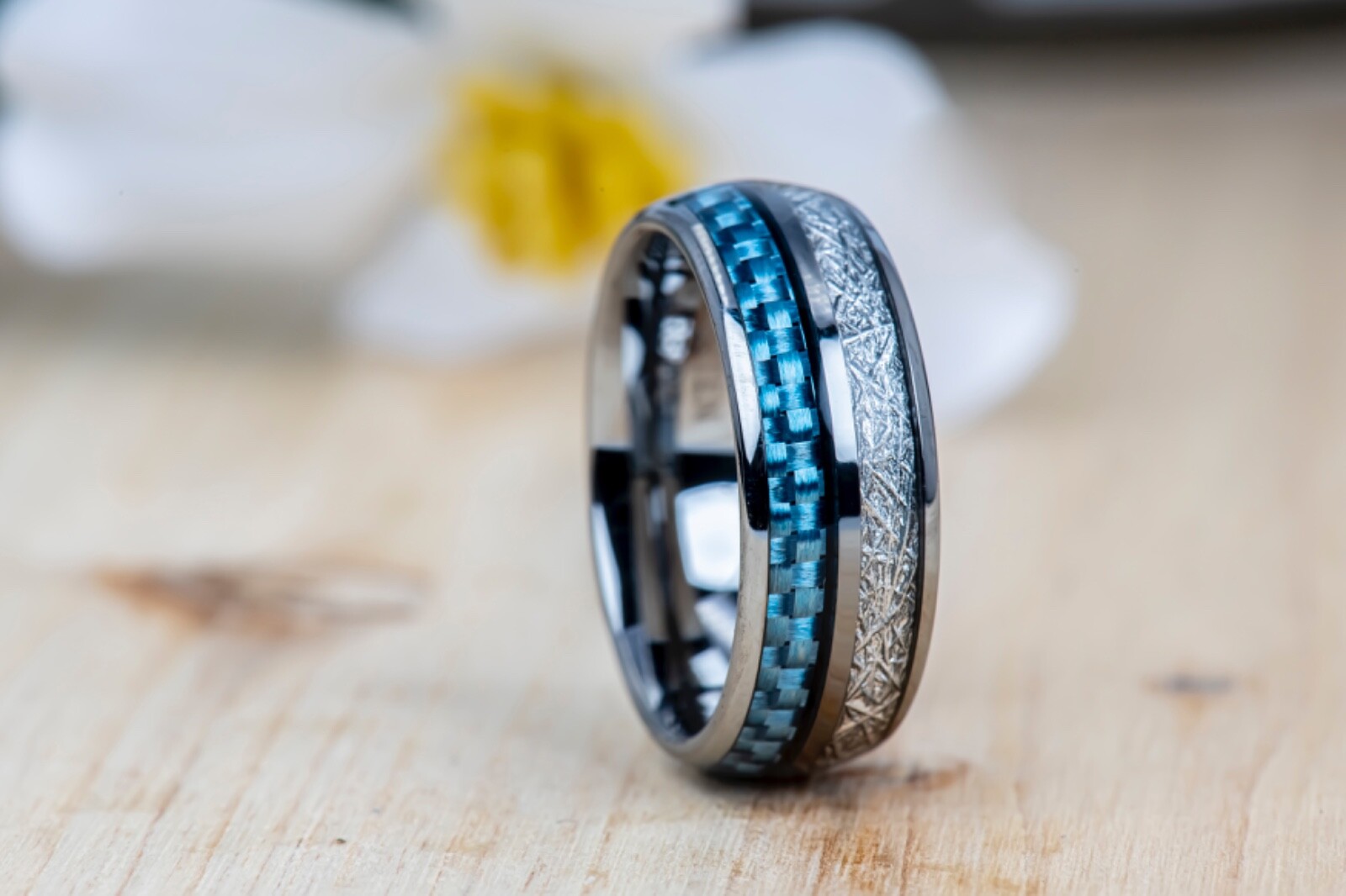 Tungsten Ring Imitation Meteorite & Blue Carbon Fiber Domed Mens Wedding Ring