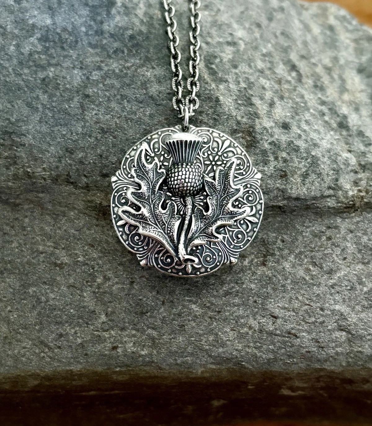 Thistle Hidden Locket Necklace, Silver Celtic Vintage Pillbox Stash Box Pendant