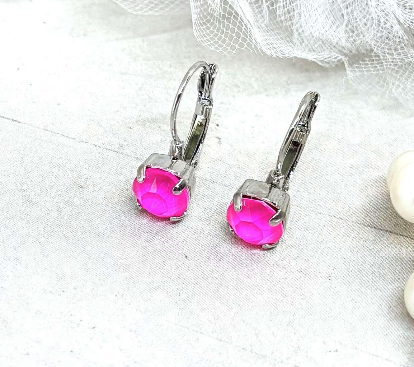 8mm Shiny Silver Plated Neon Pink Cup Chain Drop Earrings