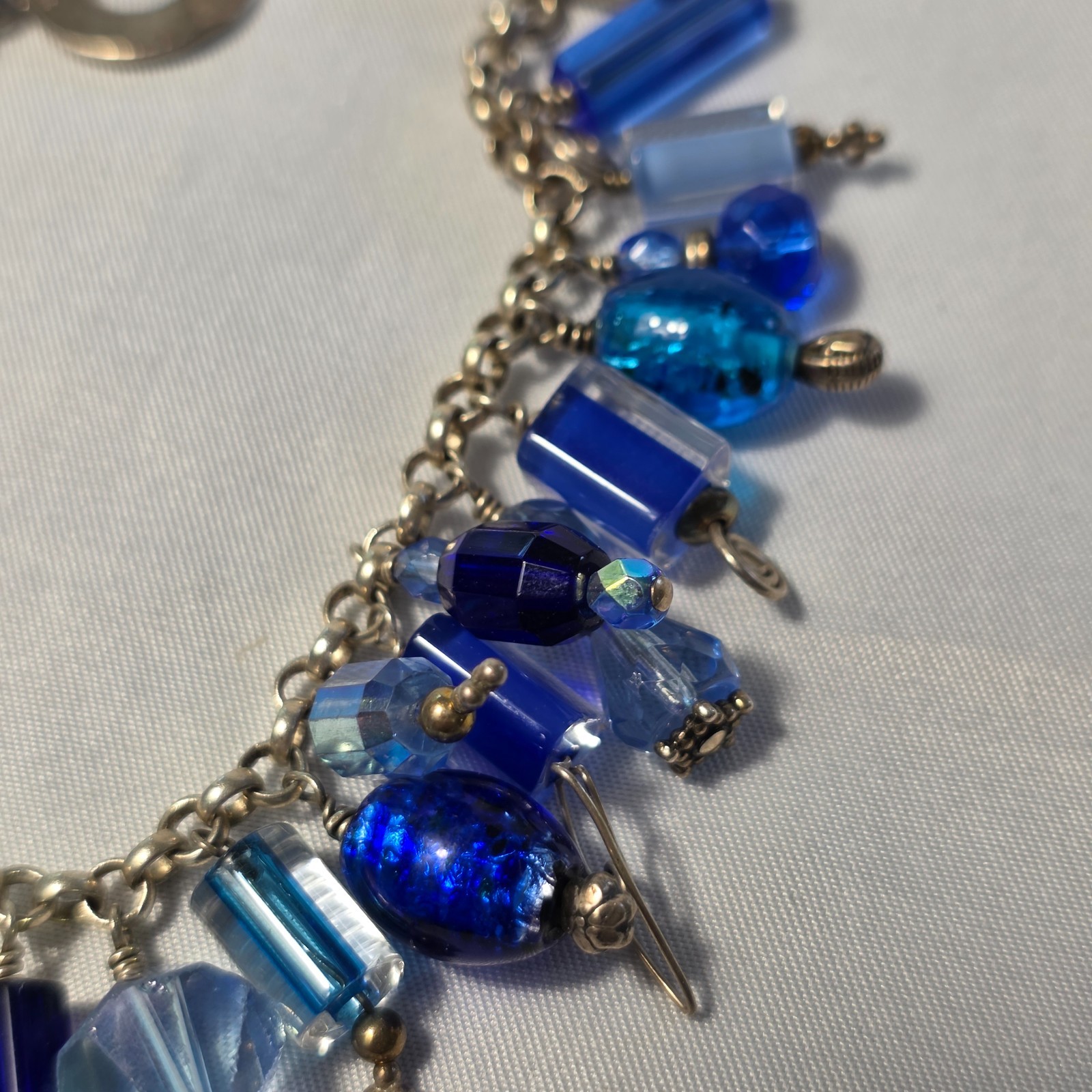 925 Sterling Silver Beaded Dangle Bracelet Cobalt Blue & Light Blue Glass Beads