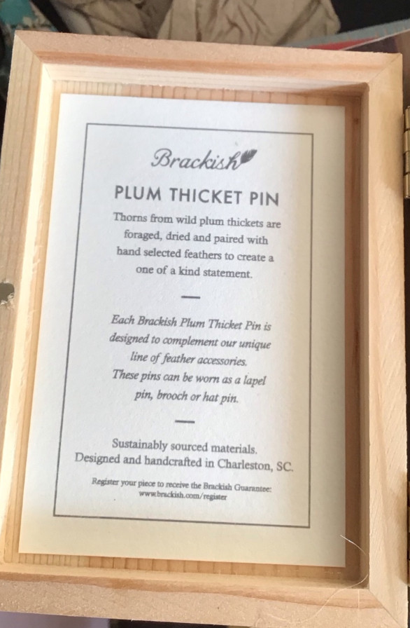 Brackish Chiricahua Plum Thicket Feather Lapel Pin Brooch Hat Pin New w/ Box