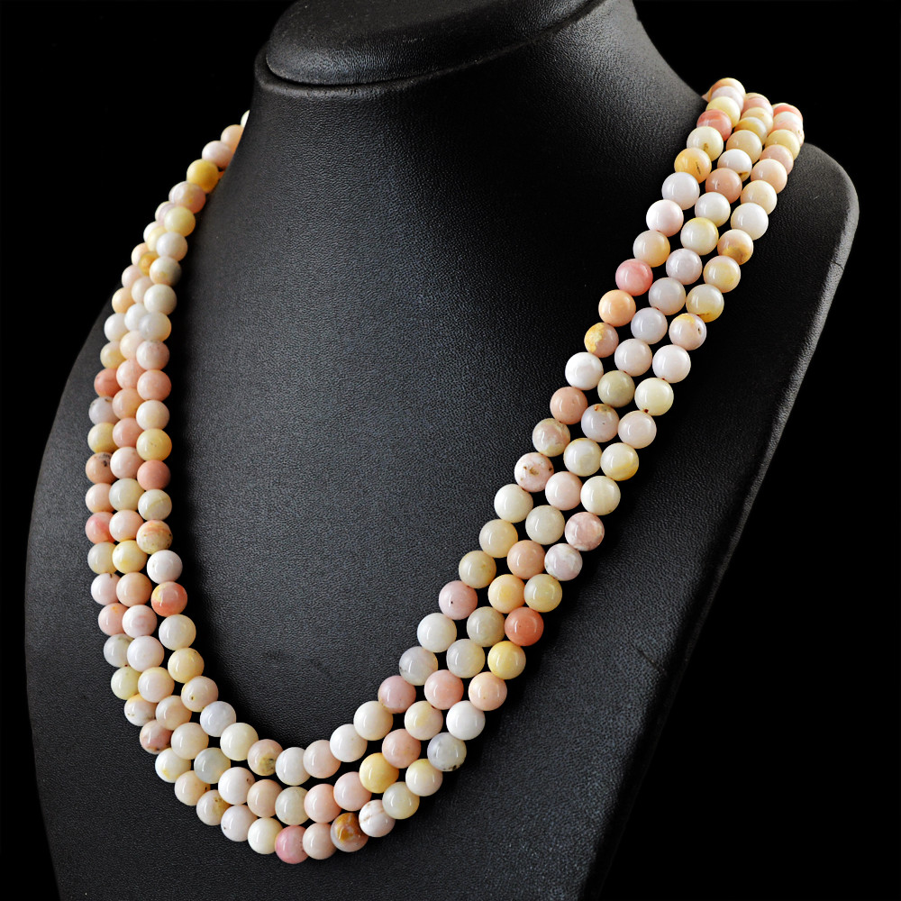 465.00 Cts Natural 3 Strand Pink Australian Opal Round Beads Necklace NK 49-MF7