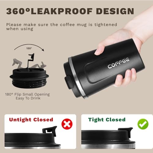 Travel coffee mugs leak-proof, reusable coffee cups with 12 Ounces 2nd-Black
