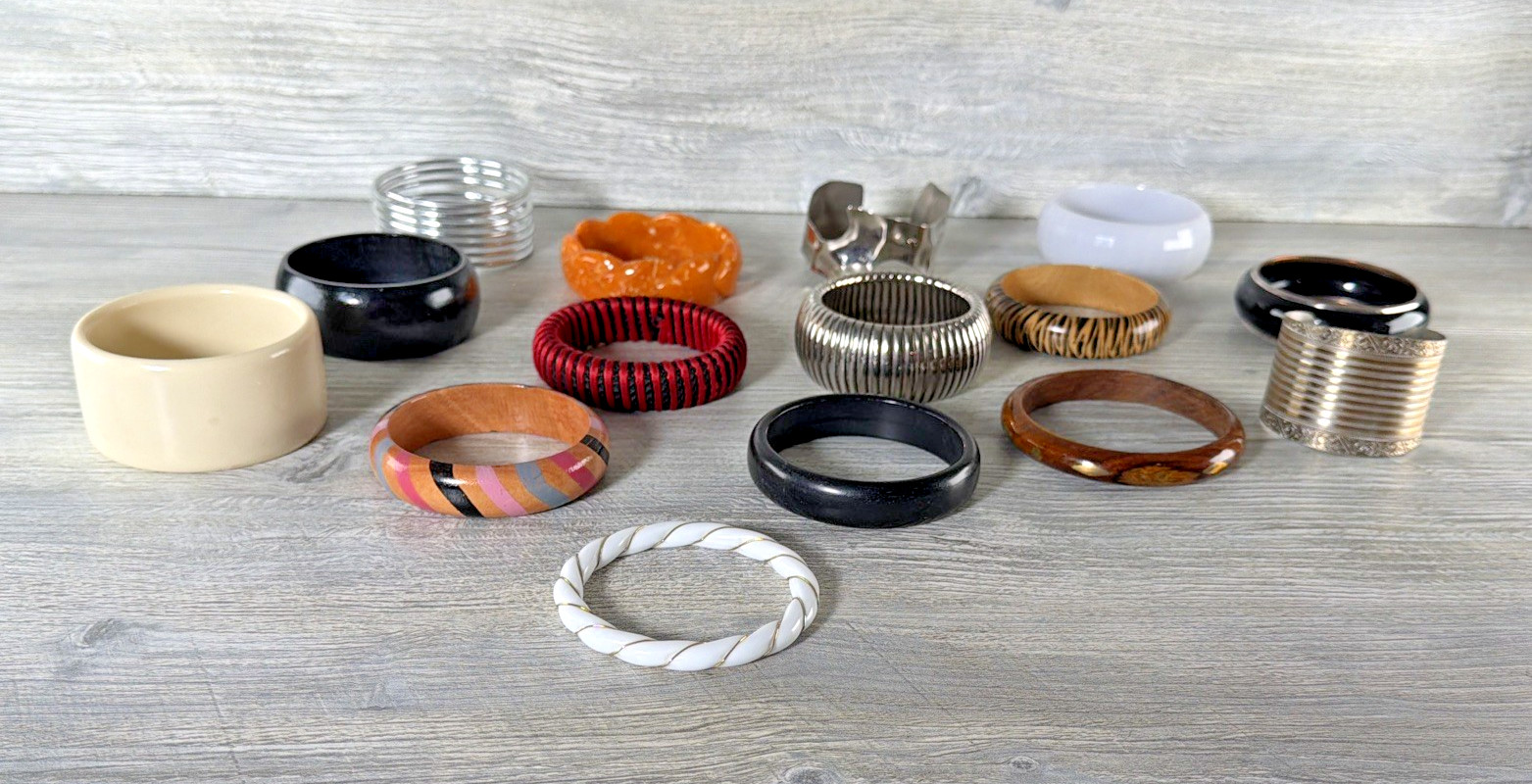 15 Pc Lot Bracelets Silver Brown Multi Color Metal Wood Plastic Mix Bangles Cuff