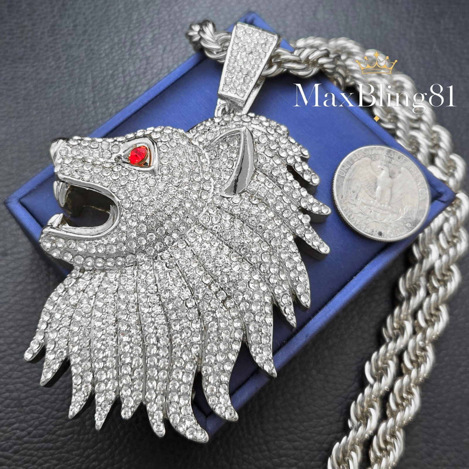 LARGE LION HEAD HIP HOP ICED GOLD PLATED CZ PENDANT 8mm 24″ ROPE CHAIN NECKLACE