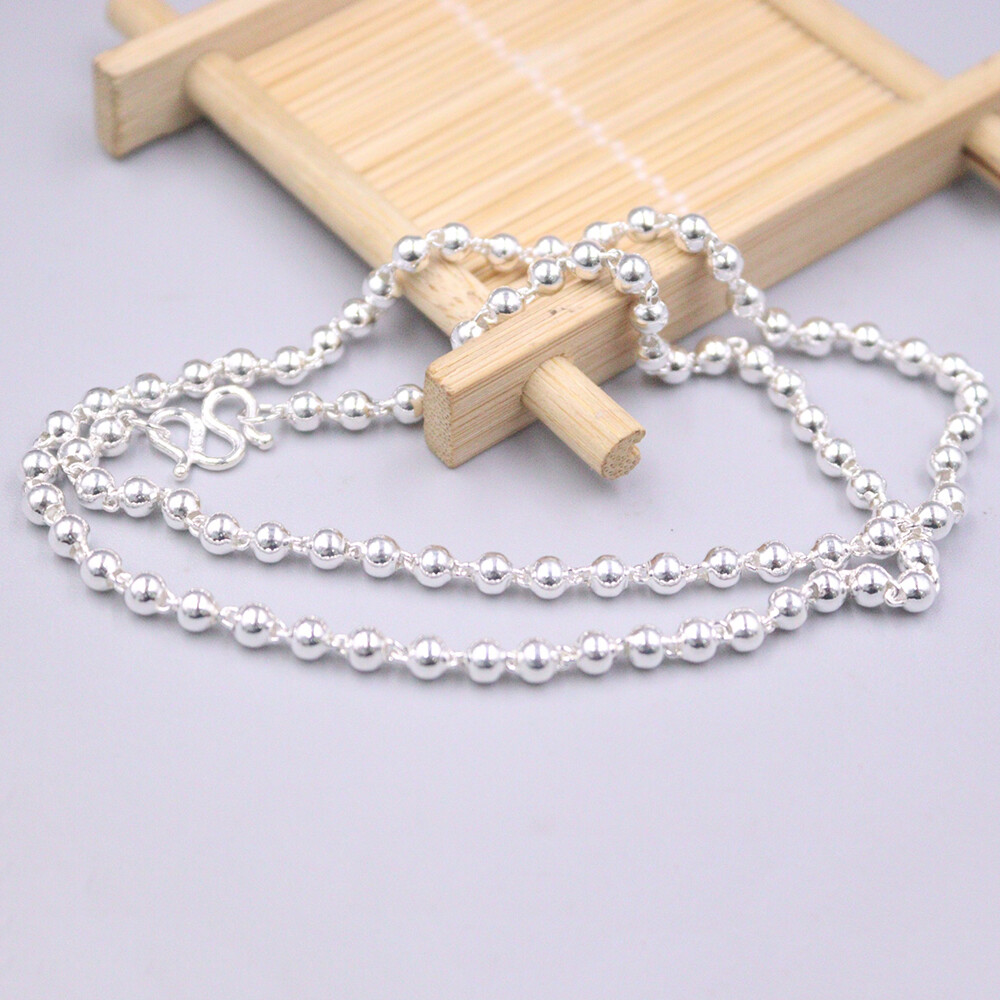 Real 999 Pure Silver Necklace Men Women 3mm Polish Beaded Link Chain 16.9inchL
