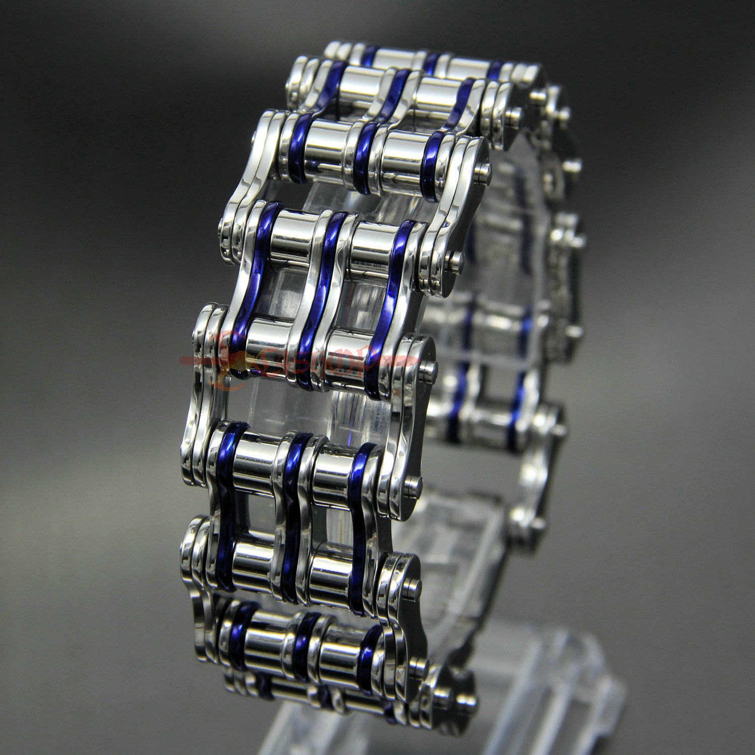 Men’s Heavy Stainless Steel Motorcycle Bike Chain Bracelet Silver/Blue 27mm Wide