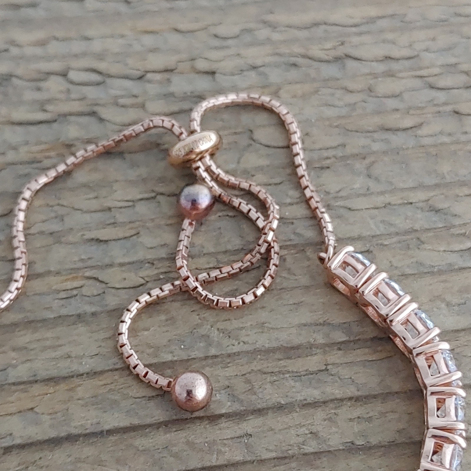 Rose Gold Tone 925 Sterling CZ Adjustable Slider Bracelet Sign JCM Tennis Style
