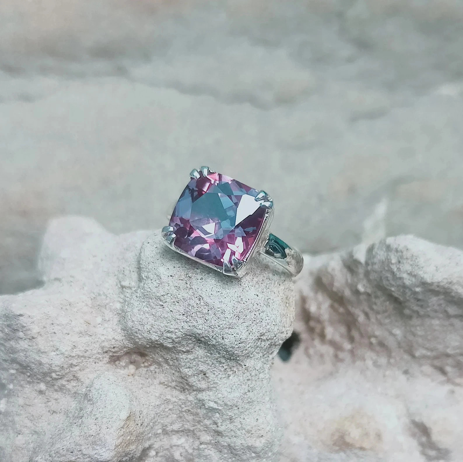 Certified 7 Ct Natural Alexandrite Cushion Gemstone Ring – Crafted 925 Silver