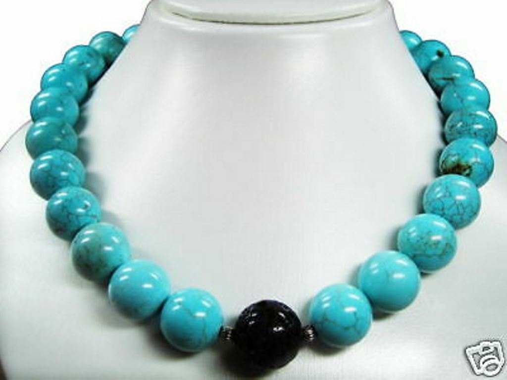 Gemstone Howlite Turquoise and Lava Bead Ball Shaped Necklace Ø-16mm