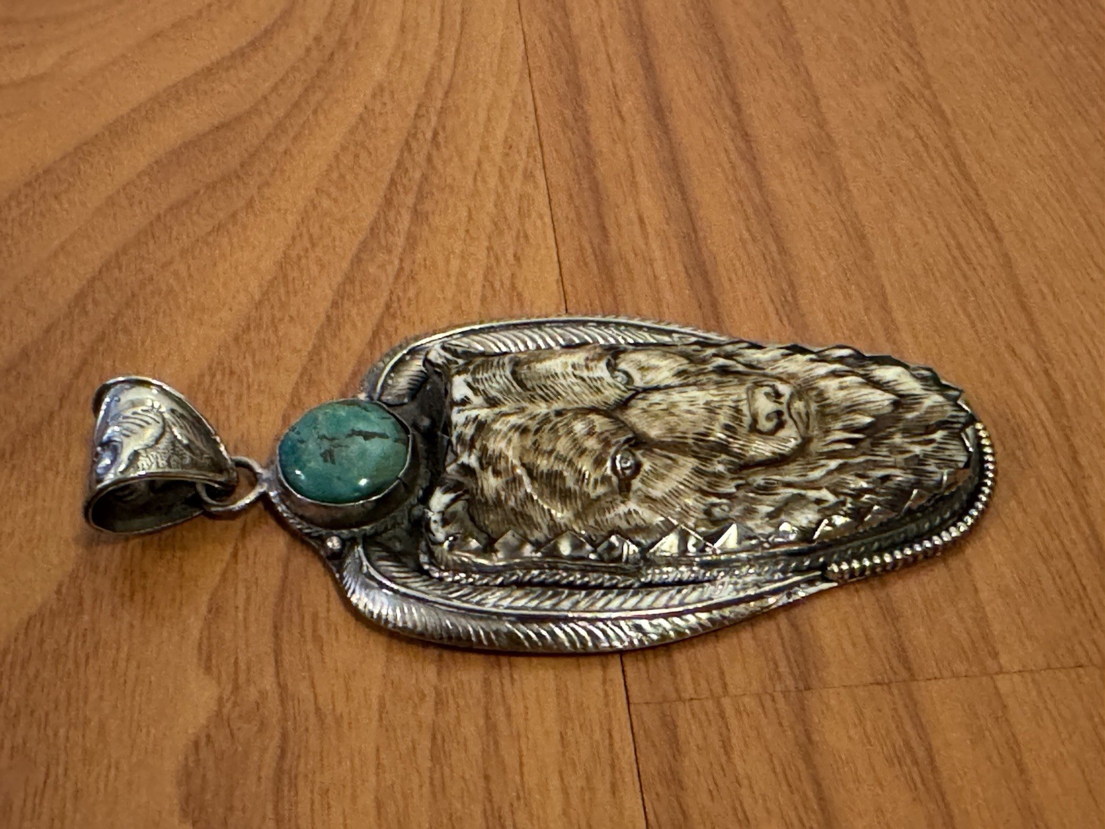 Hand Carved & Handmade Large Bone Pendant,Bear Face Art,Turquoise & Silver 58 gr