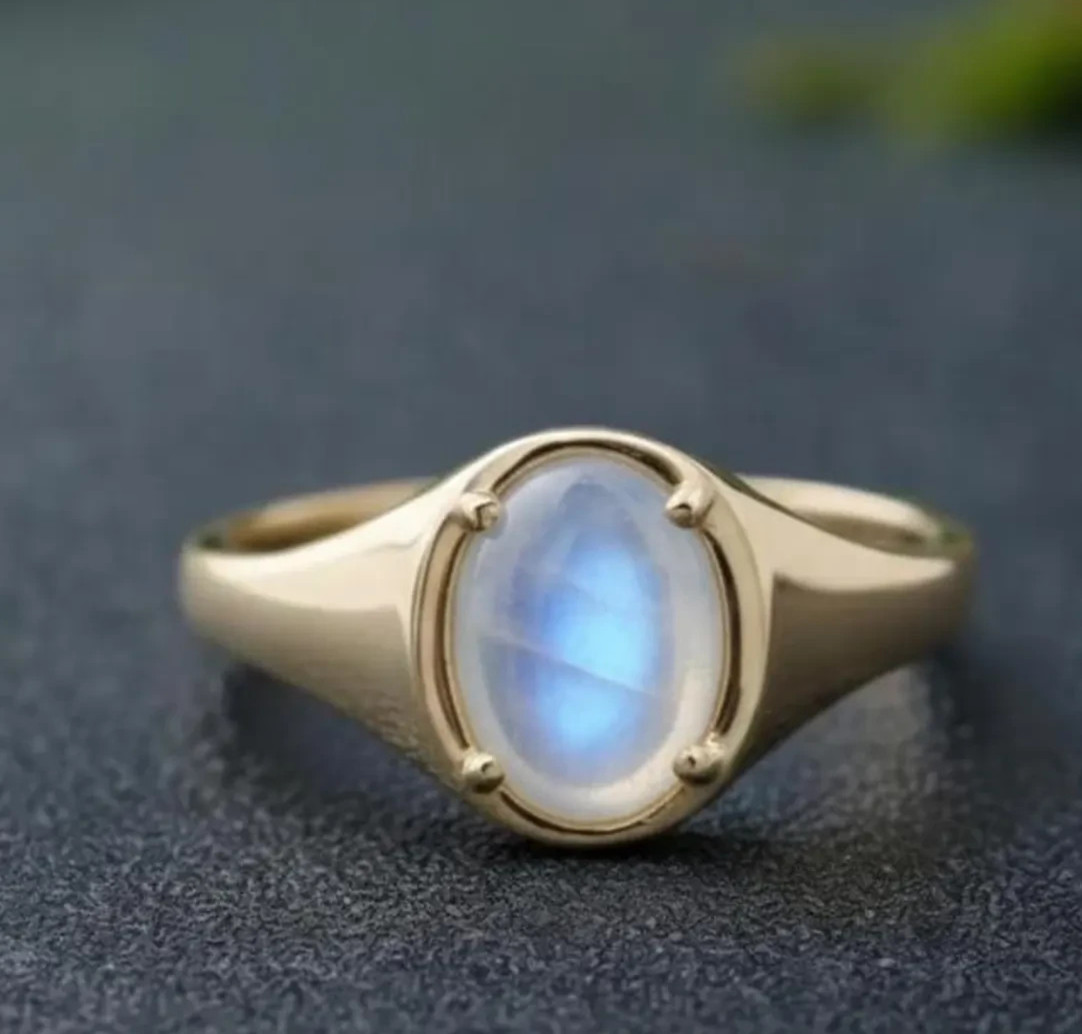 Natural Rainbow Moonstone Engagement Rings Oval Signet Ring 9k solid gold ring