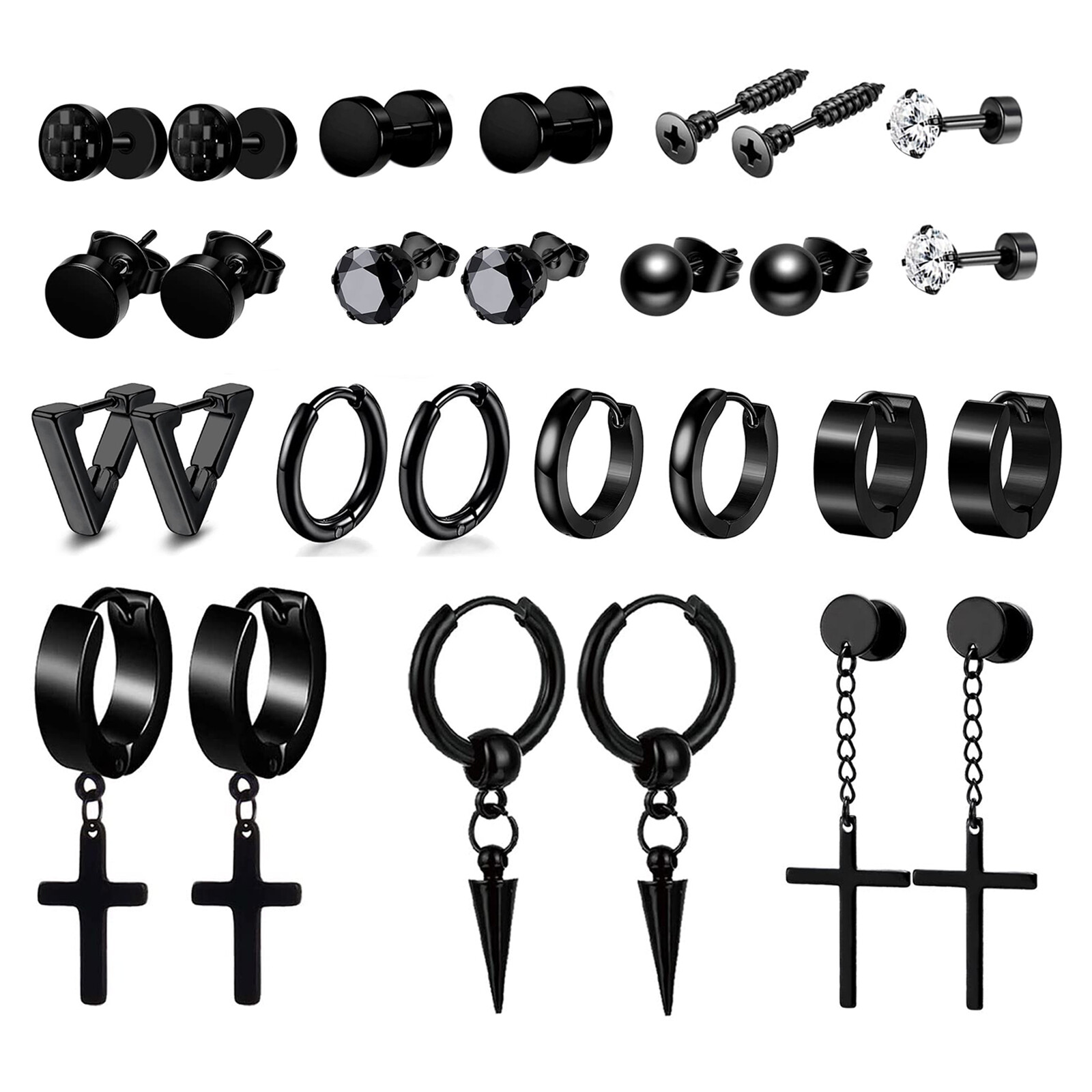 14 pairs Black Stainless Steel Cross Dangle Spike Hoop Earrings Ear Studs Set