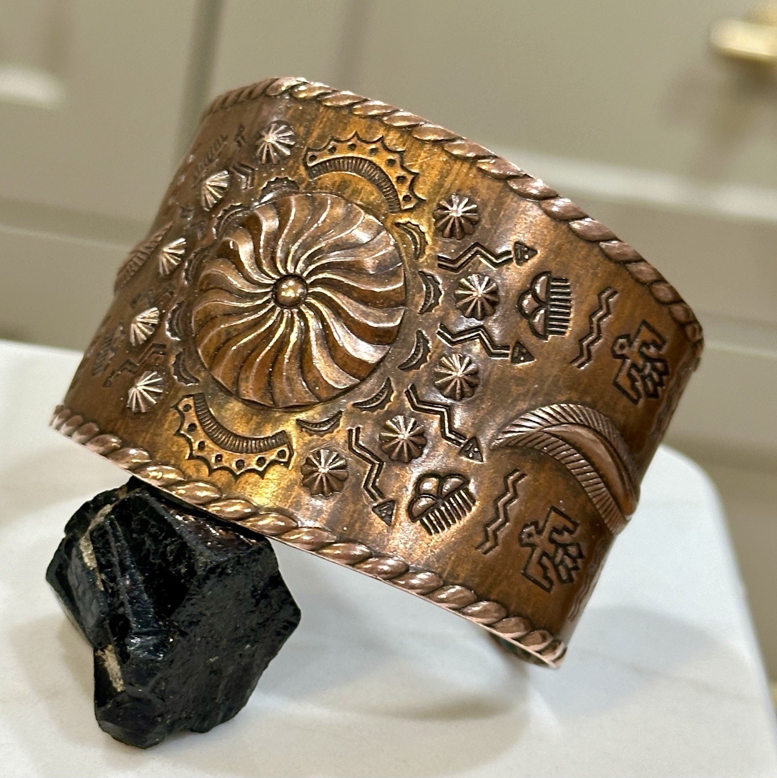 Fred Harvey Era/Native American Wide Copper Stamped Cuff/Bracelet. ~7”