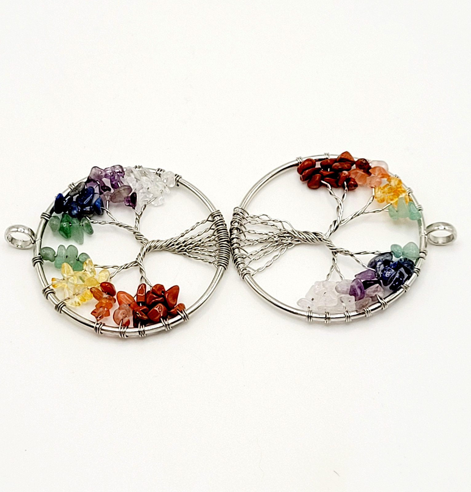 2 Tree of Life Silver Tone Twist Crystal Multi Stone Seven Chakras Round Pendant