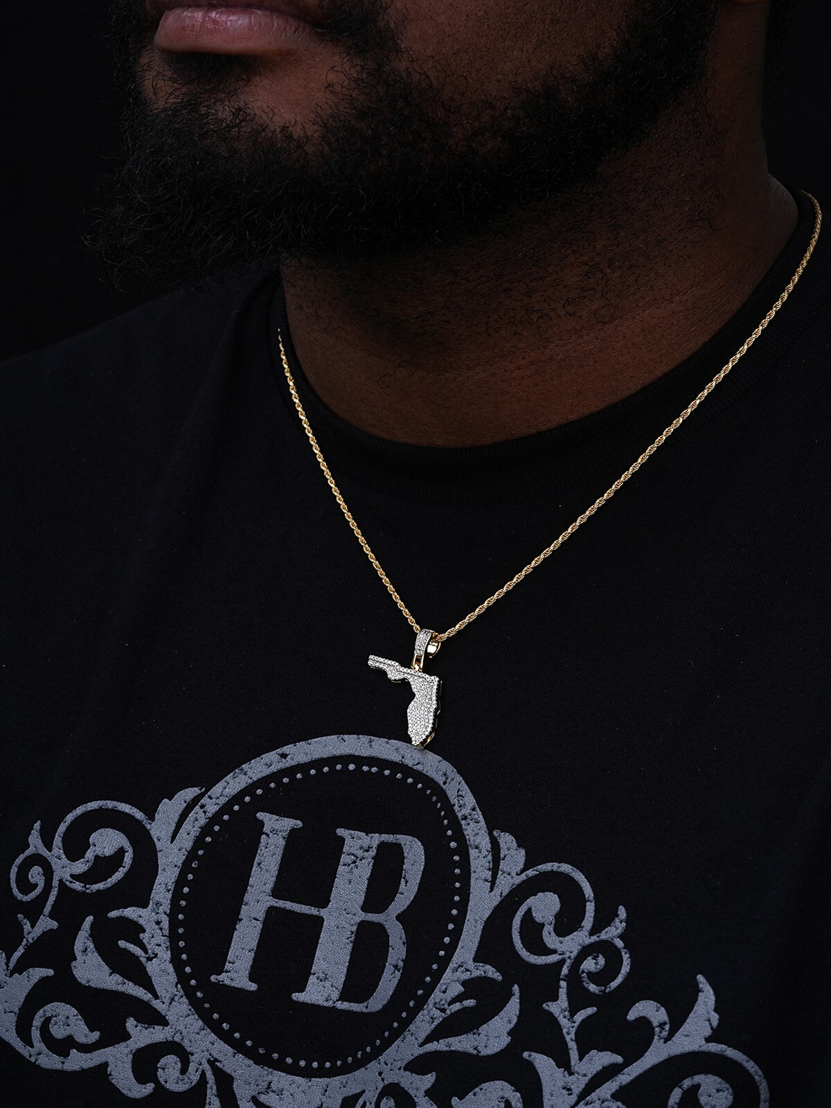 925 Silver 14k Gold Plating Hip Hop Florida State Shape Pendant Iced CZ Necklace