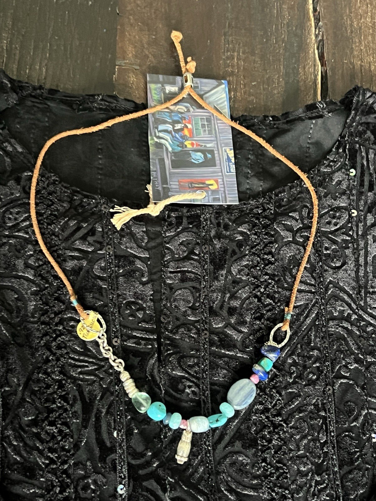HeyHey Be Wise Gemstone Necklace Sterling Owl Leather Kyanite Turquoise Lapis