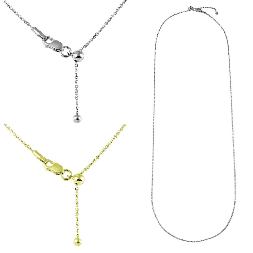 24″ Sterling Silver Adjustable Slider 0.8 mm Flat Rolo Chain Necklace w/ Bead