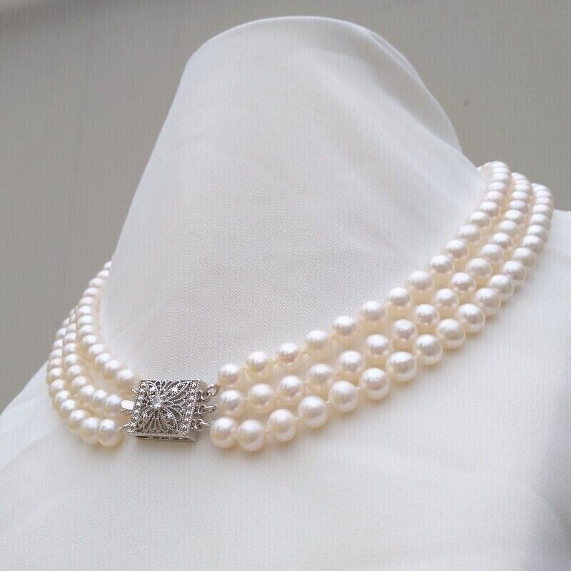 17″-19″ Triple Strand Natural 8-9mm Akoya Round White Pearl Necklace 925 Clasp