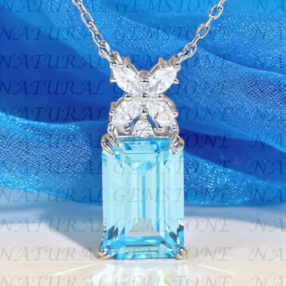 5.20Carat Emerald Shape Natural Topaz and Diamond Pendant 18K White Gold Plated