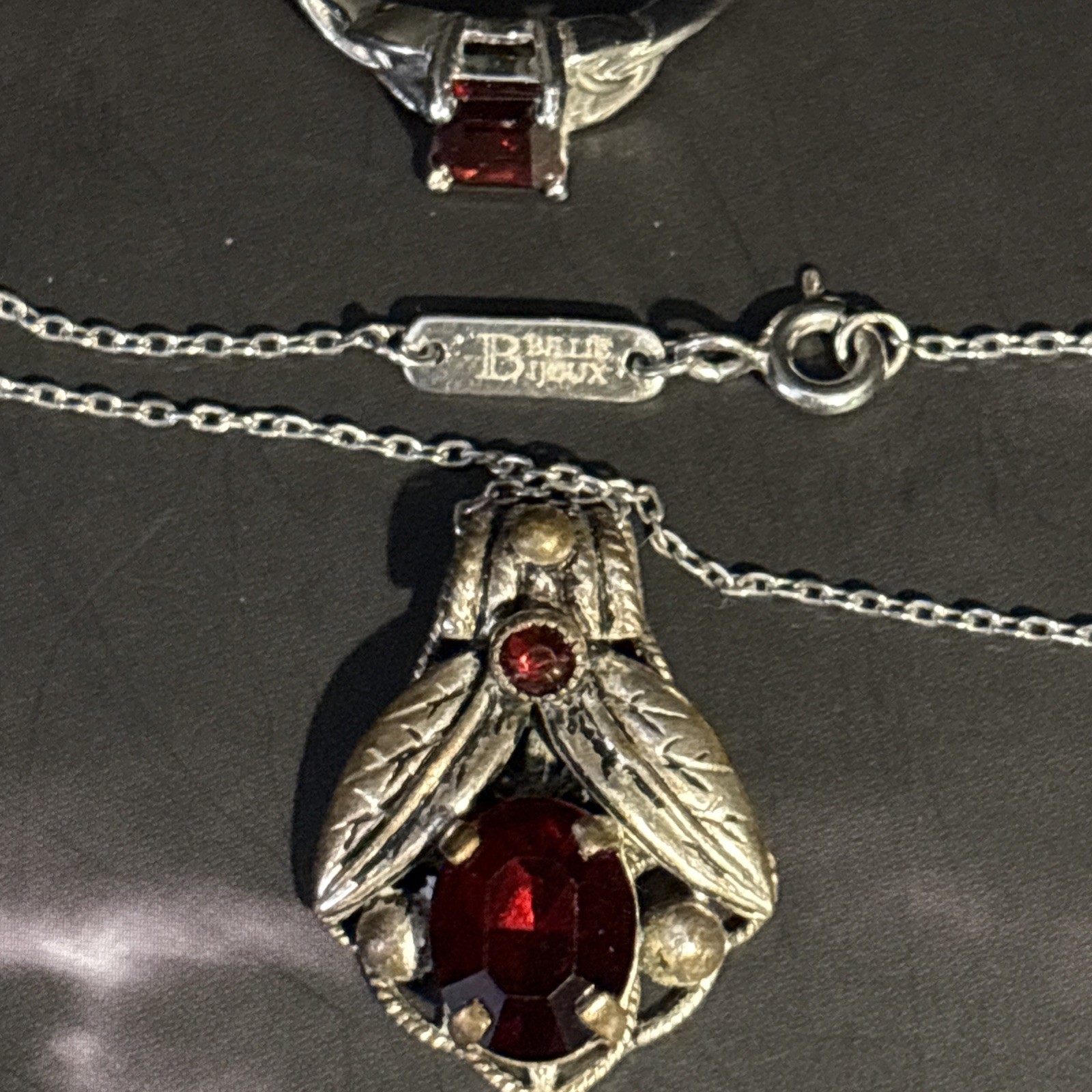 925 Sterling vintage Billie Bijoux Leaf Garnet Necklace & Pairing Tri-knot Ring!