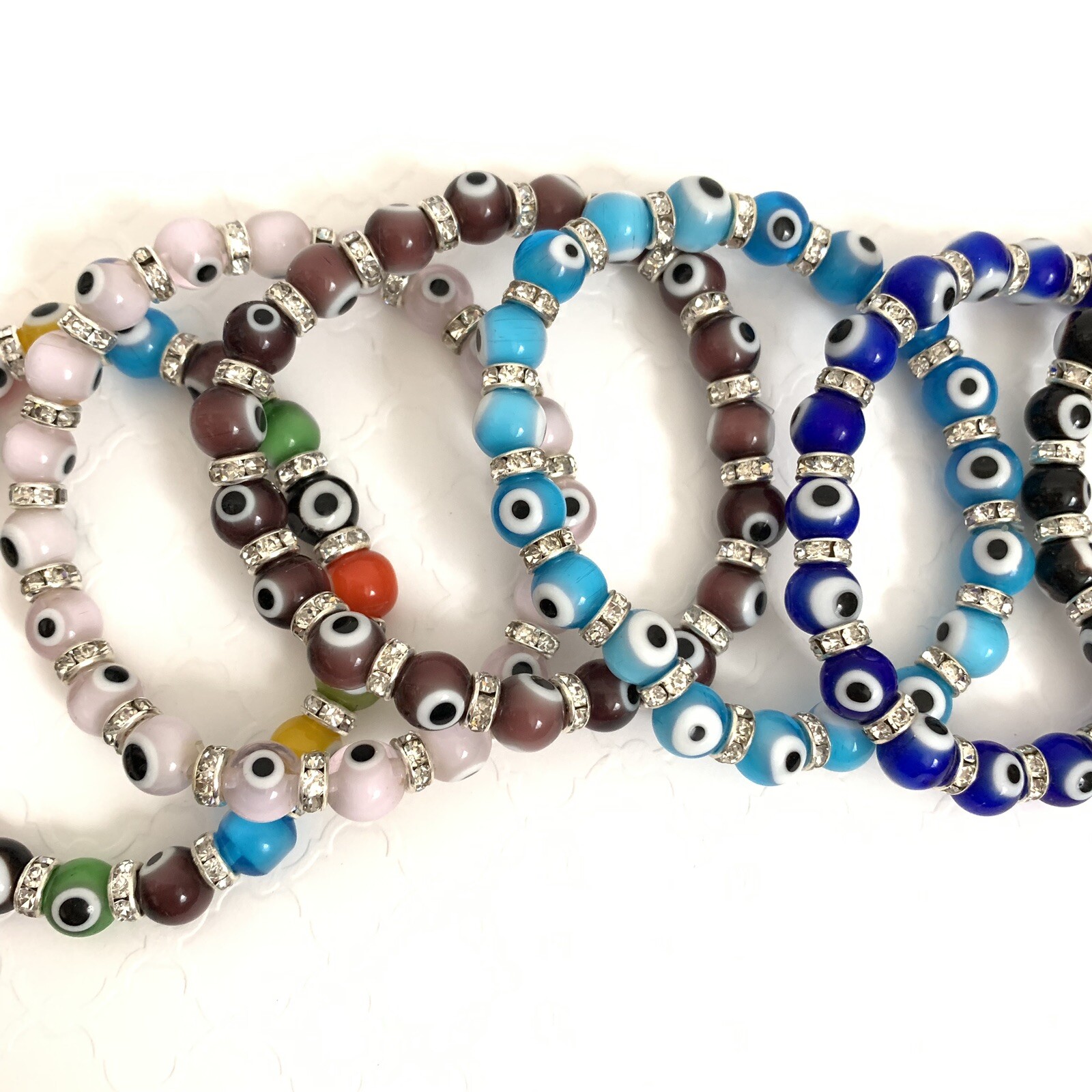 Evil Eye Bracelets Medium Glass Beads Crystals Elastic String Many Colors Stack