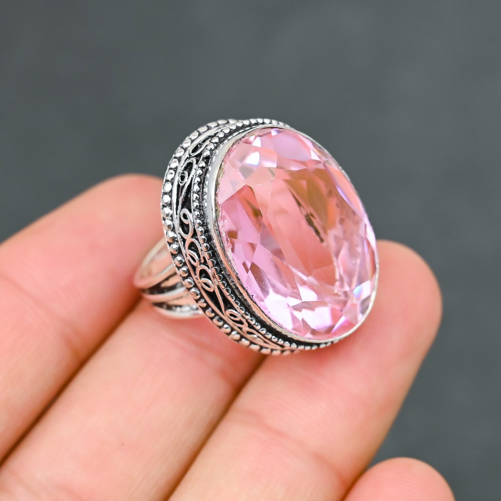 Pink Kunzite Gemstone Silver Ring 925 Sterling Silver Ring Silver Statement Ring