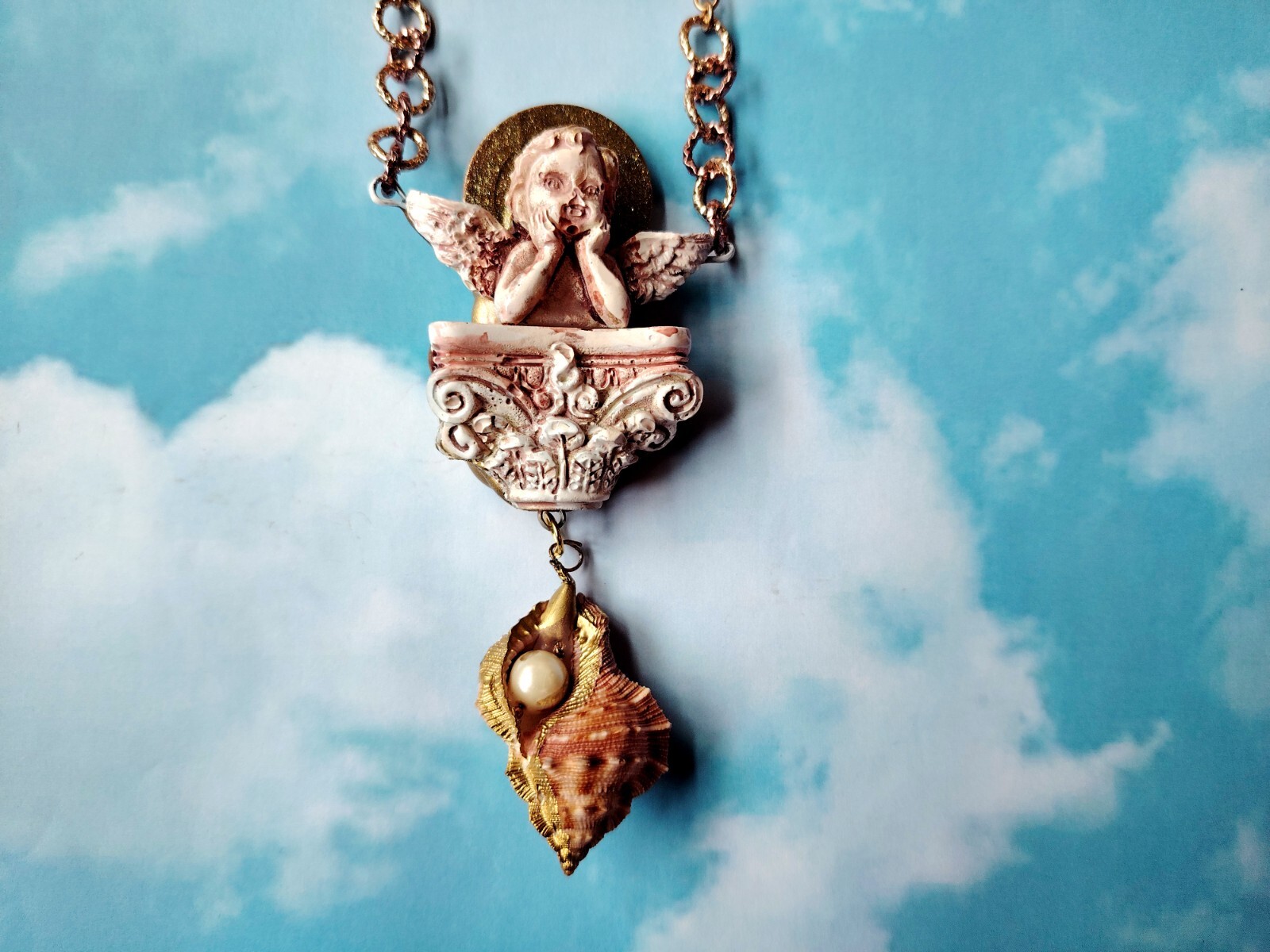 Necklace Winged Angel Cherub Talisman Baroque Pendant Amulet Shell Charm Jewelry