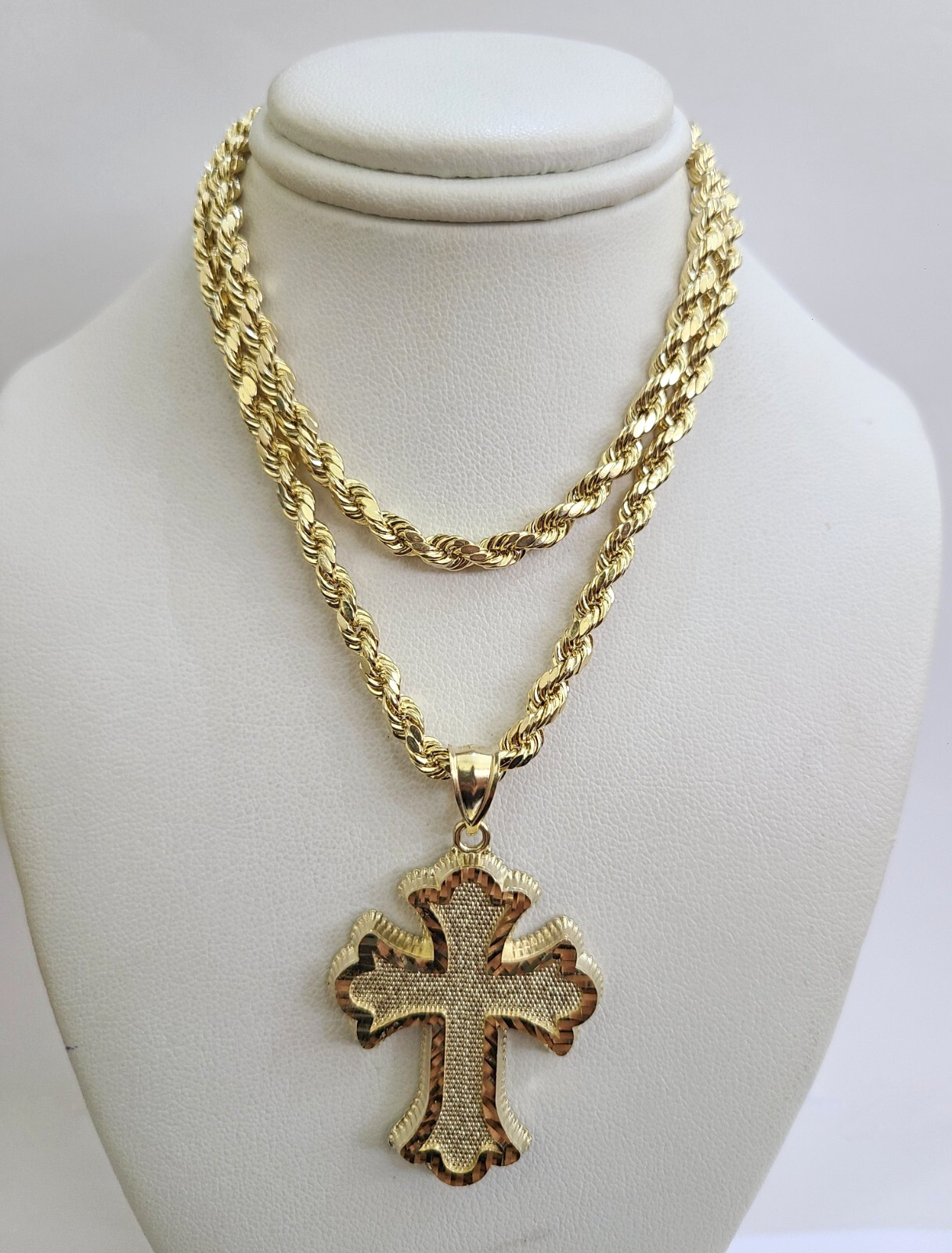 REAL 10k Jesus Roman Cross Charm Rope Chain Pendant 4mm Necklace Set 18″-28″ in