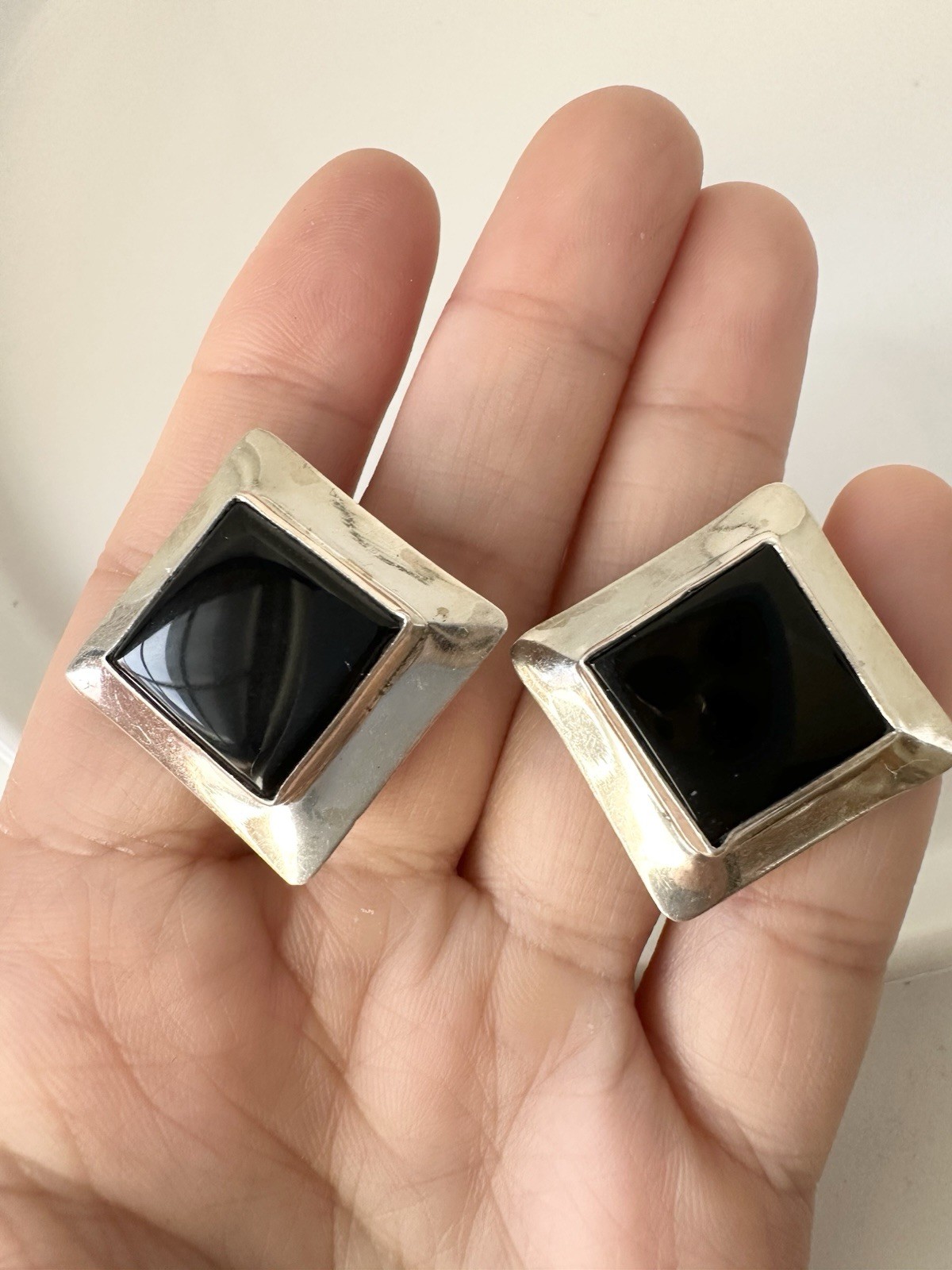 Navajo E.F Sterling Silver Black Onyx Clip On Earrings
