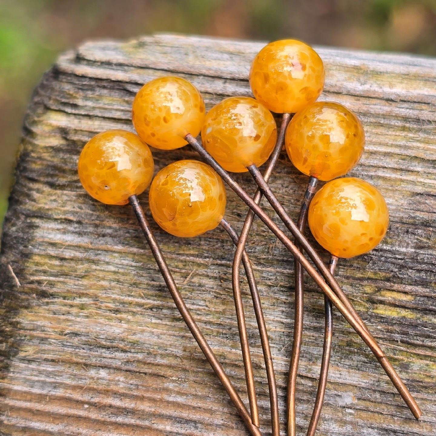 7 Vintage Honey Marigold Mottled Art Glass Embedded Wire Beads Drops Dangles