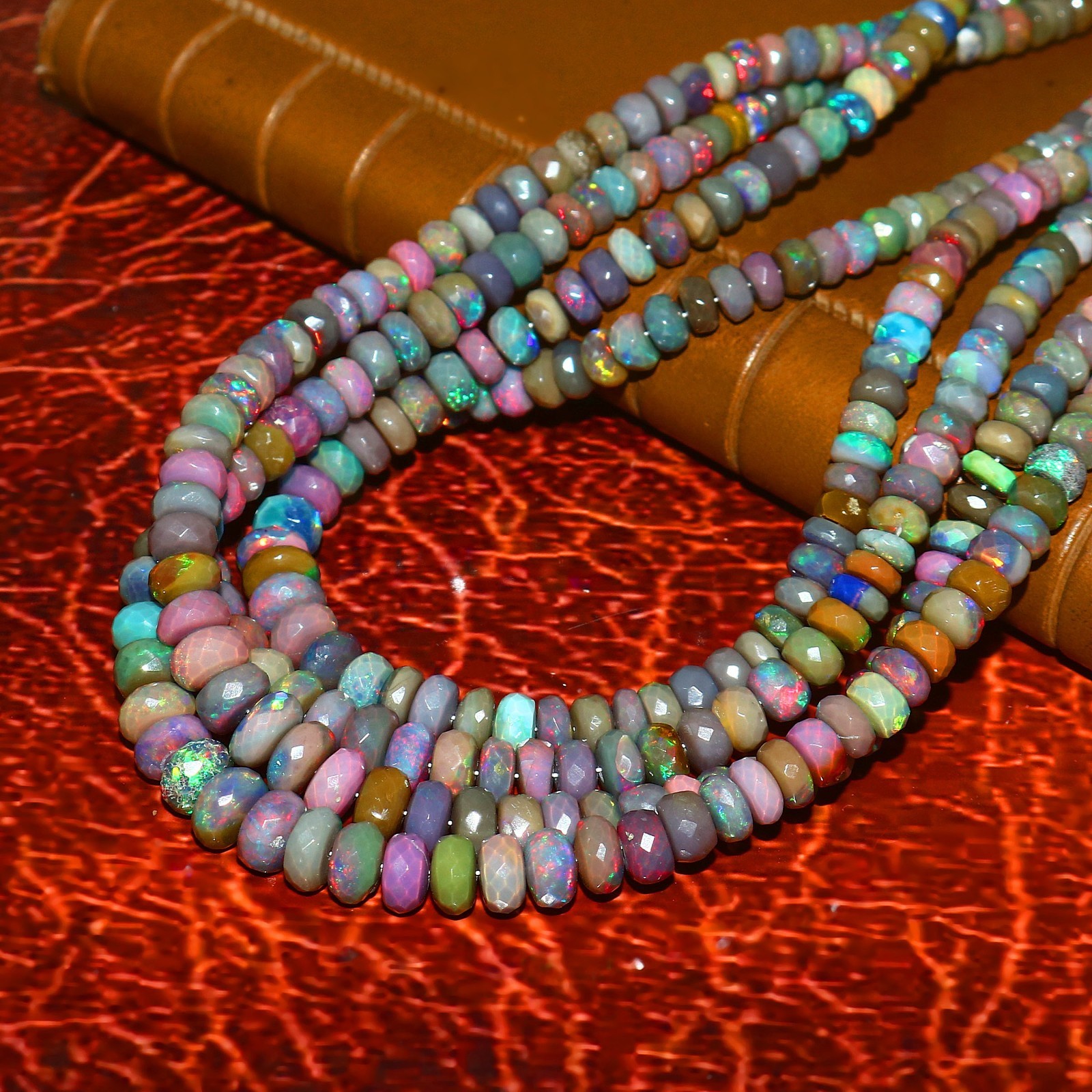 Ethiopian Welo Opal Faceted Round Bead Necklace Multi-Color Play of Fire 563