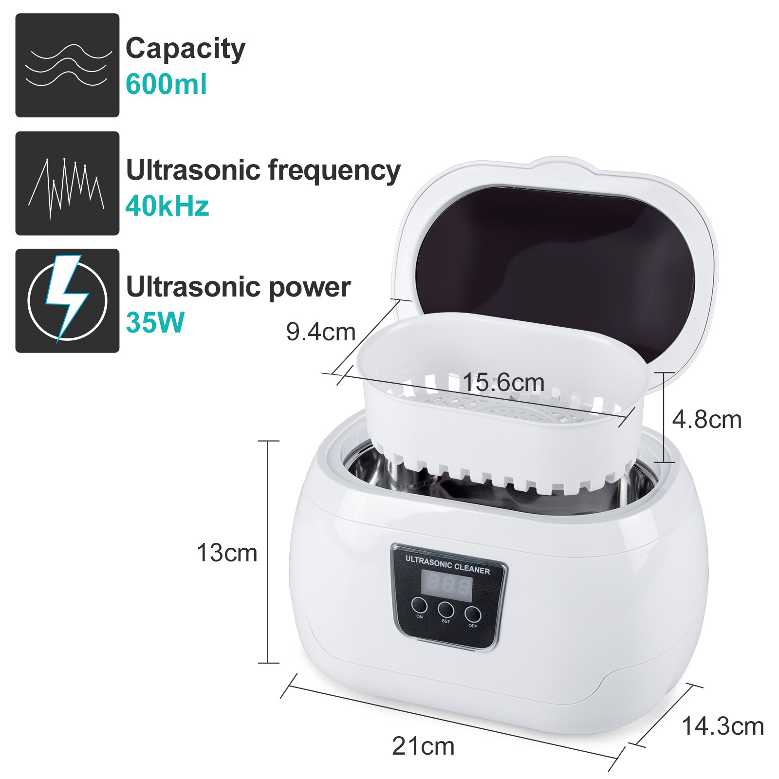 Uten Ultrasonic Jewelry Cleaner Digital Sonic Cleaning Equipment 600ml 40000Hz
