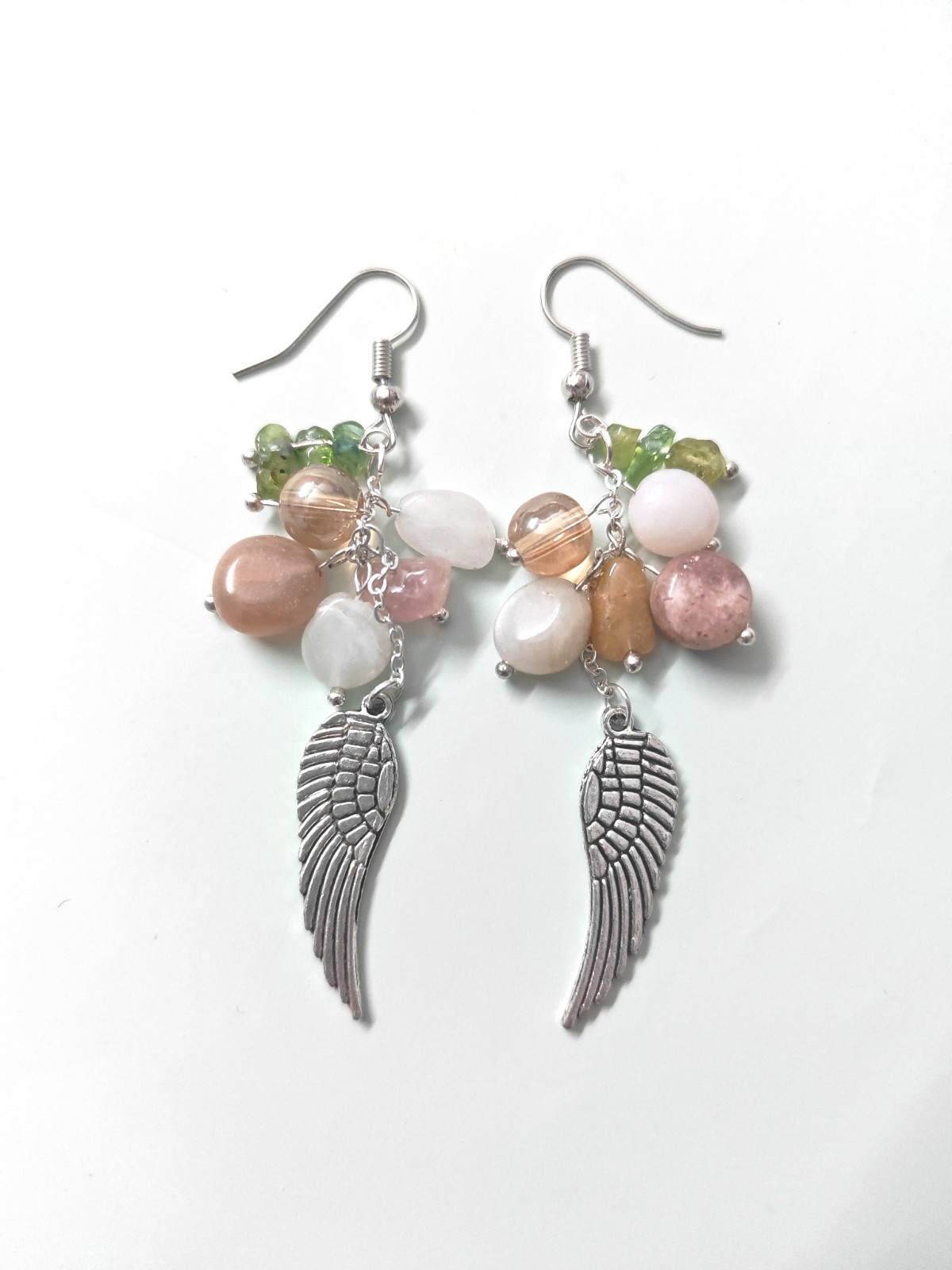 Boho Angel Wing Gemstone Drop Earrings – Moonstone, Sunstone, Peridot