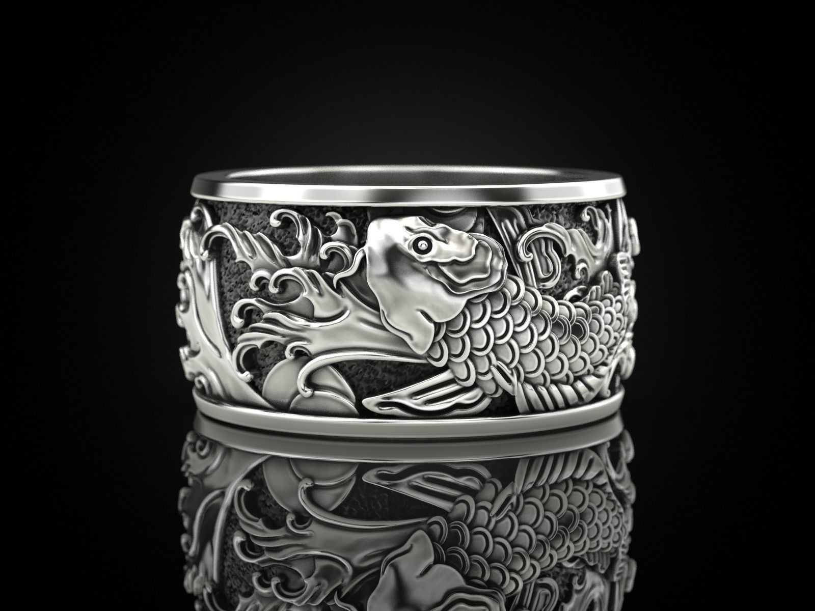Oxidized Mens Two Japanese Carp & Waves Gothic 925Sterling Silver Statement Ring