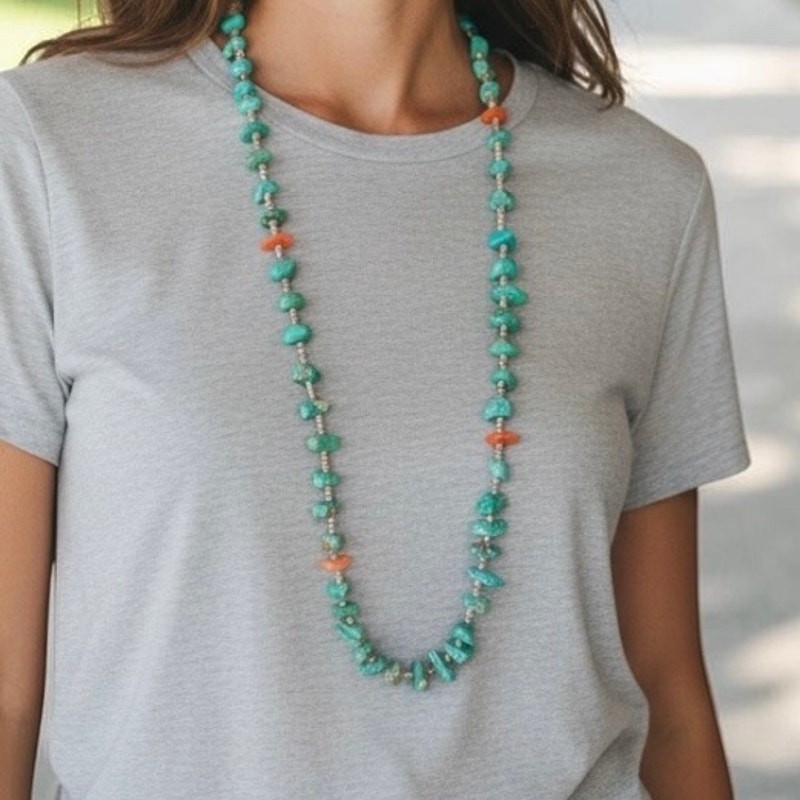 Vintage Turquoise Nugget & Shell Heishi Necklace Hand Tied 84g 17.5 Inch