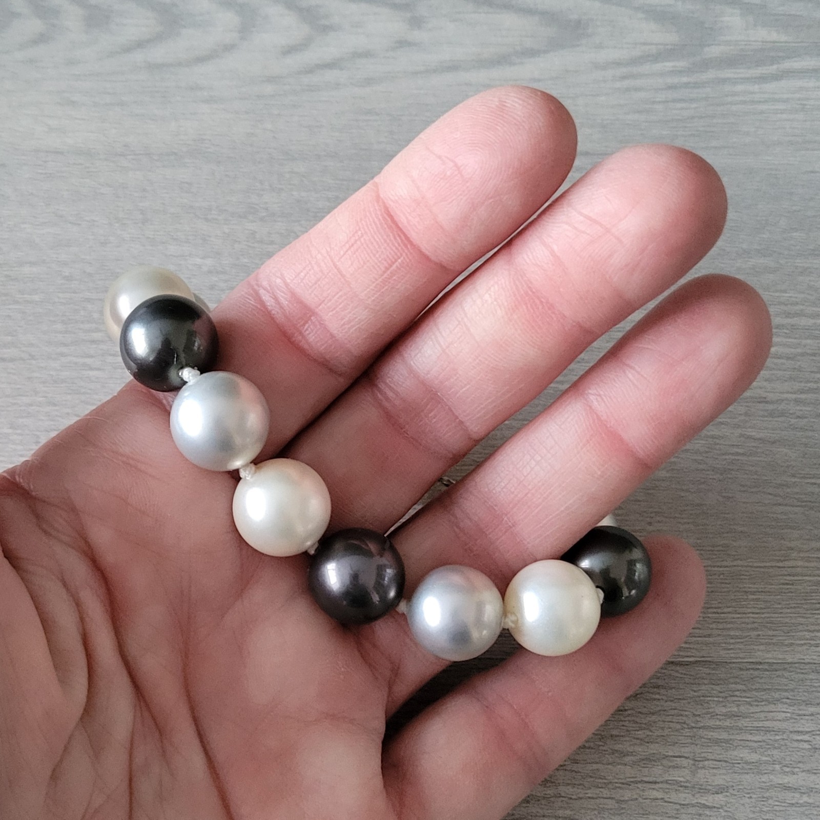 Faux Pearl Bracelet Black Gray White w/ 925 Sterling Silver Clasp + Stones NWOT
