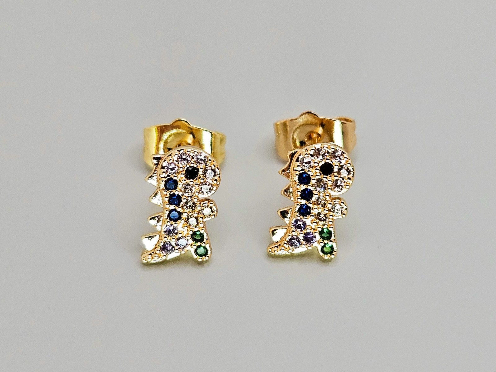 Dinosaur Stud Earrings 18K Gold with Multi Color Cubic Zirconia