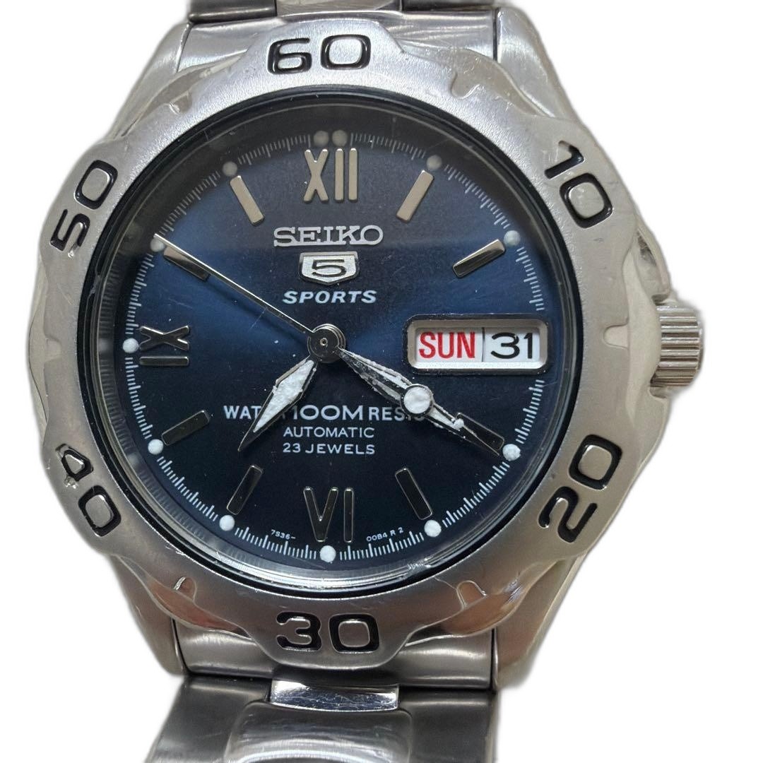 SEIKO 5 SPORTS Automatic Wristwatch Navy Blue Dial 100m Water Resistant Pre-owne
