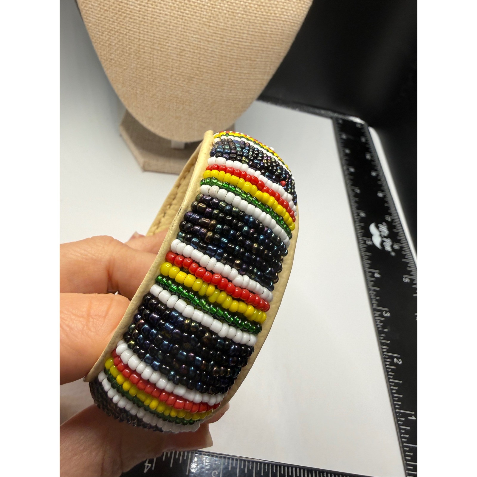 Handmade Seed Bead Leather Bangle Bracelet Multi Color Boho Tribal Cuff Wide