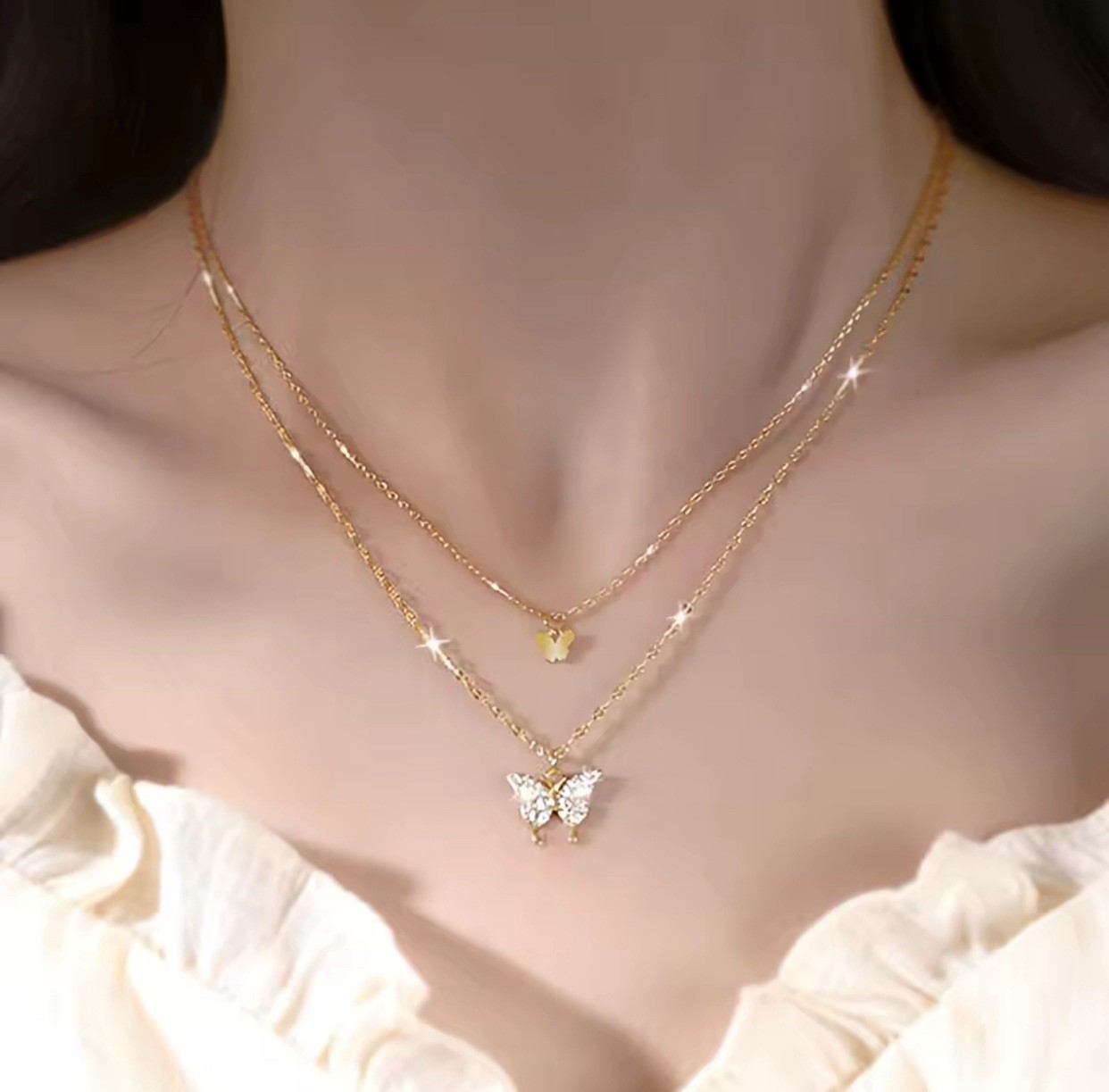Gold Tone Layered Butterfly Charm Necklace with Clear Crystal Pendant, 16.14″